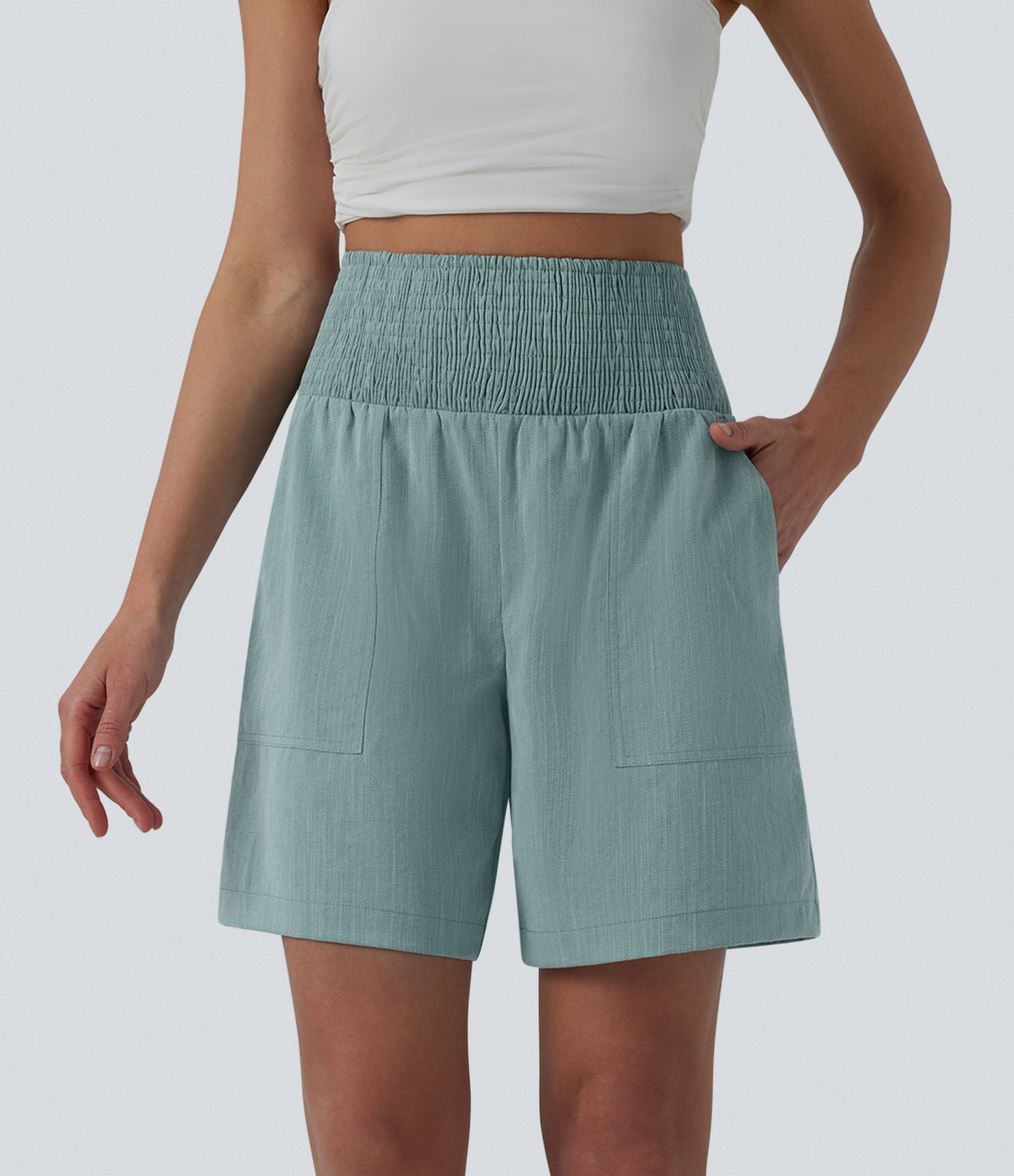 High Waisted Shirred Casual Linen-Feel Bermuda Shorts 7'' with Pockets