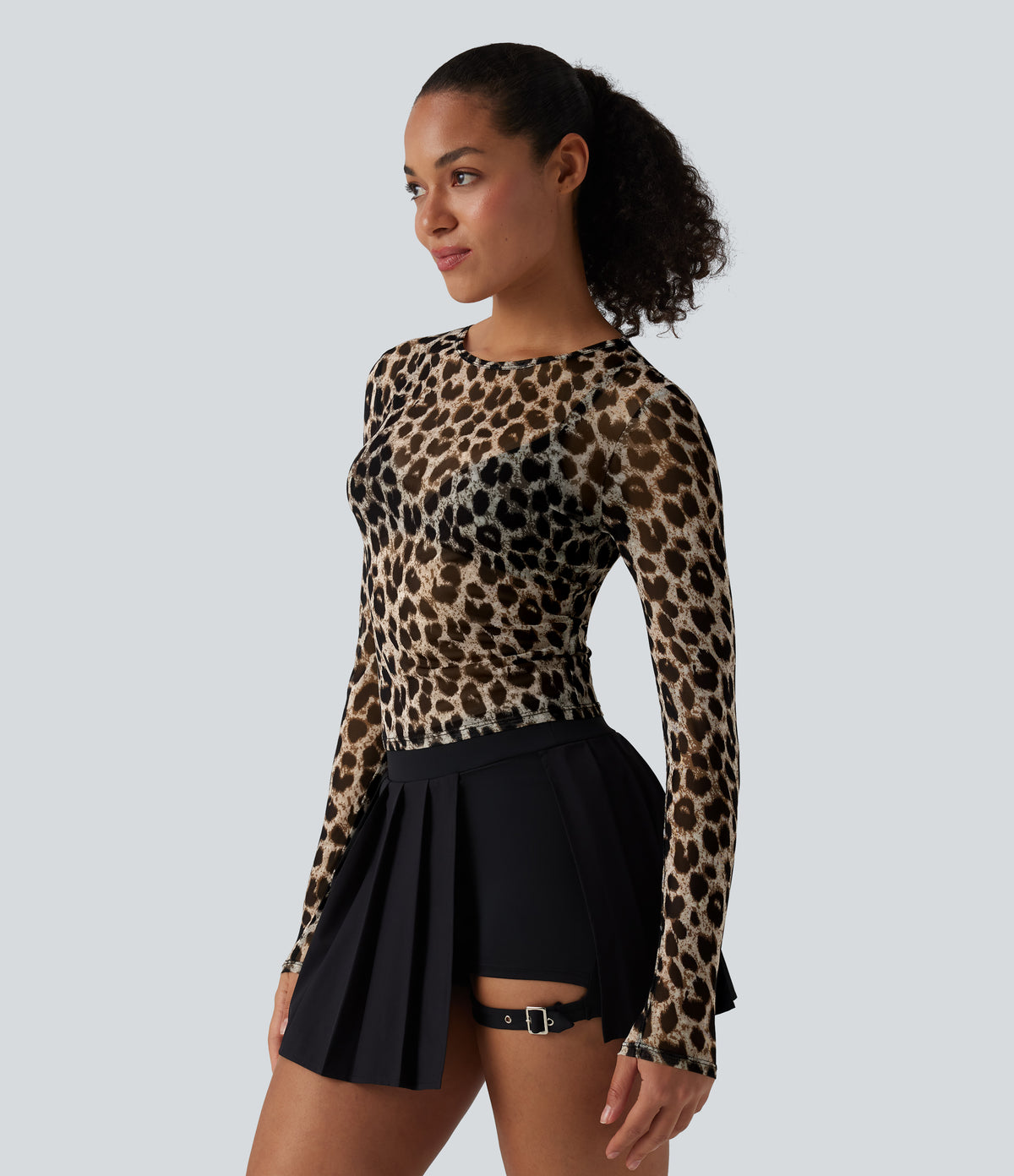 Round Neck Long Sleeve Leopard Print Sheer Mesh Casual Top