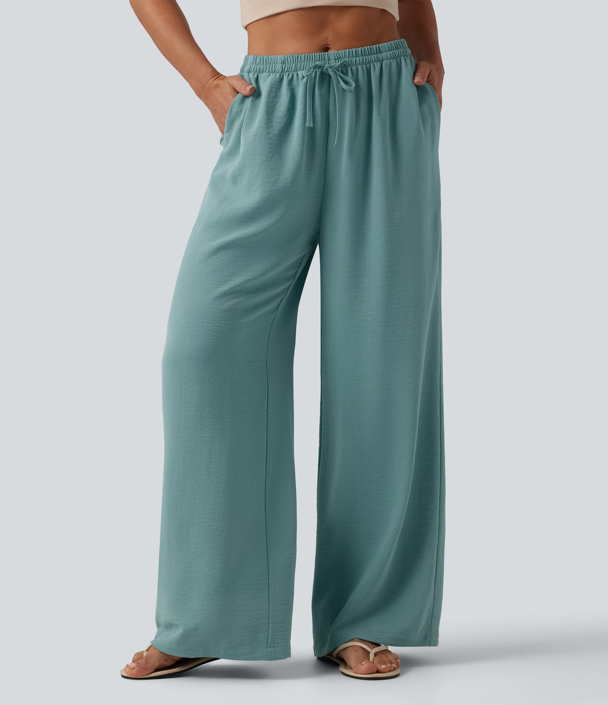 Mid Rise Drawstring Wide Leg Baggy Casual Linen-Feel Pants with Pockets
