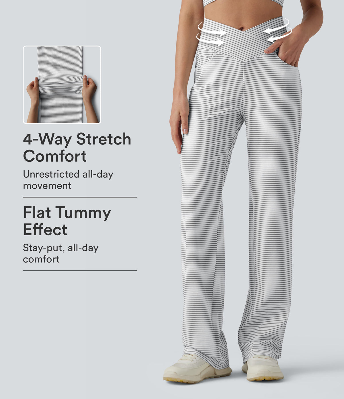 High Waisted Crossover Tummy Control Straight Leg Stripe Yoga Pants with Pockets