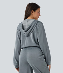 Hooded Long Sleeve Zip Fly Drawstring Relaxed Fit Sparkle Casual Sweatshirt