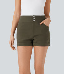 High Waisted Rolled Hem Casual Skinny Shorts with Pockets