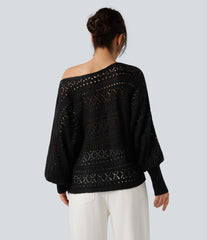 Round Neck Batwing Long Sleeve Hollow Out Casual Sweater