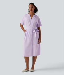 Breezeful™ V Neck Half Sleeve Belted Quick Dry Midi Work Dress with Pockets