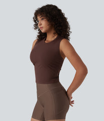 Ribbed Knit Round Neck Workout Tank Top-UPF40+