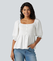 Square Neck Puff Half Sleeve Shirred Casual Babydoll Blouse