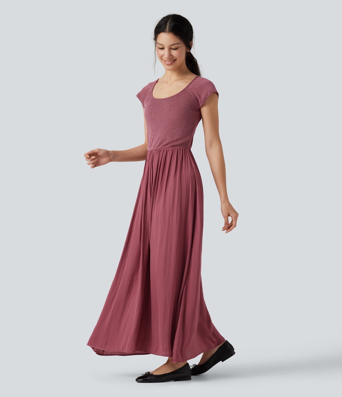 U Neck Short Sleeve Flowy Maxi Casual Dress