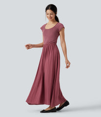 U Neck Short Sleeve Flowy Maxi Casual Dress