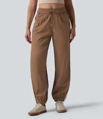 Mid Rise Drawstring Color Block Stripes Contrast Leopard Casual Joggers with Pockets