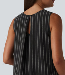 Round Neck Sleeveless Keyhole Back Stripe Midi Casual Dress with Pockets