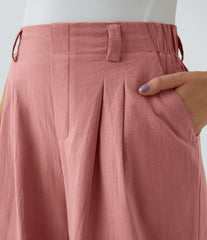 High Waisted Pocket Wide Leg Flowy Solid Palazzo Casual Linen-Feel Pants