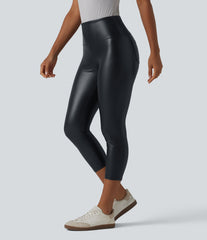 High Waisted Tummy Control Stretchy PU Casual Capri Leggings with Pockets