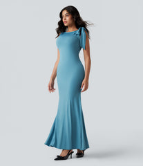 Boat Neck Sleeveless Mermaid Hem Sheen Maxi Dress