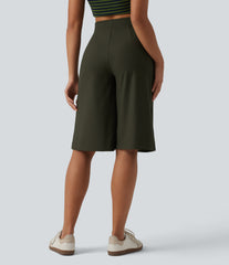 Ribbed Knit High Waisted Pedal Pushers Quick Dry Casual Wide Leg Pants with Flap Pockets-UPF50+