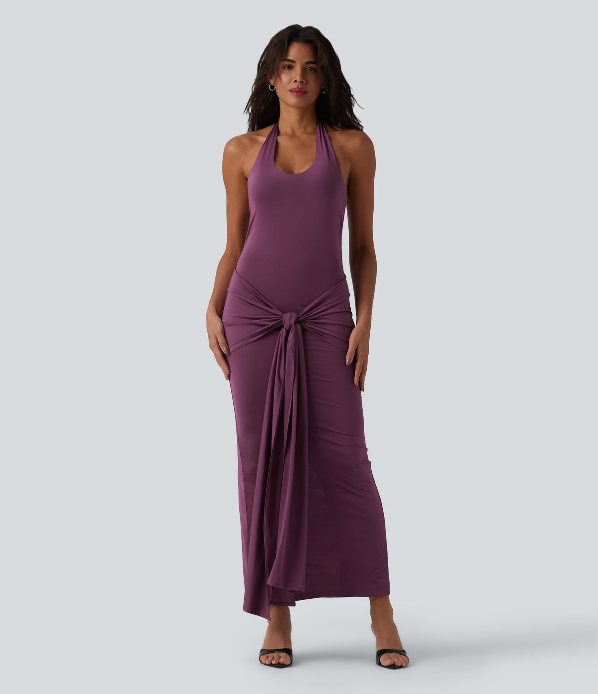 Halter Tie Front Bodycon Ruched Stretchy Satin-Like InstantCool Maxi Dress