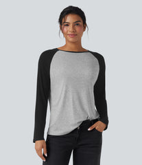 Round Neck Raglan Long Sleeve Color Block Casual Top