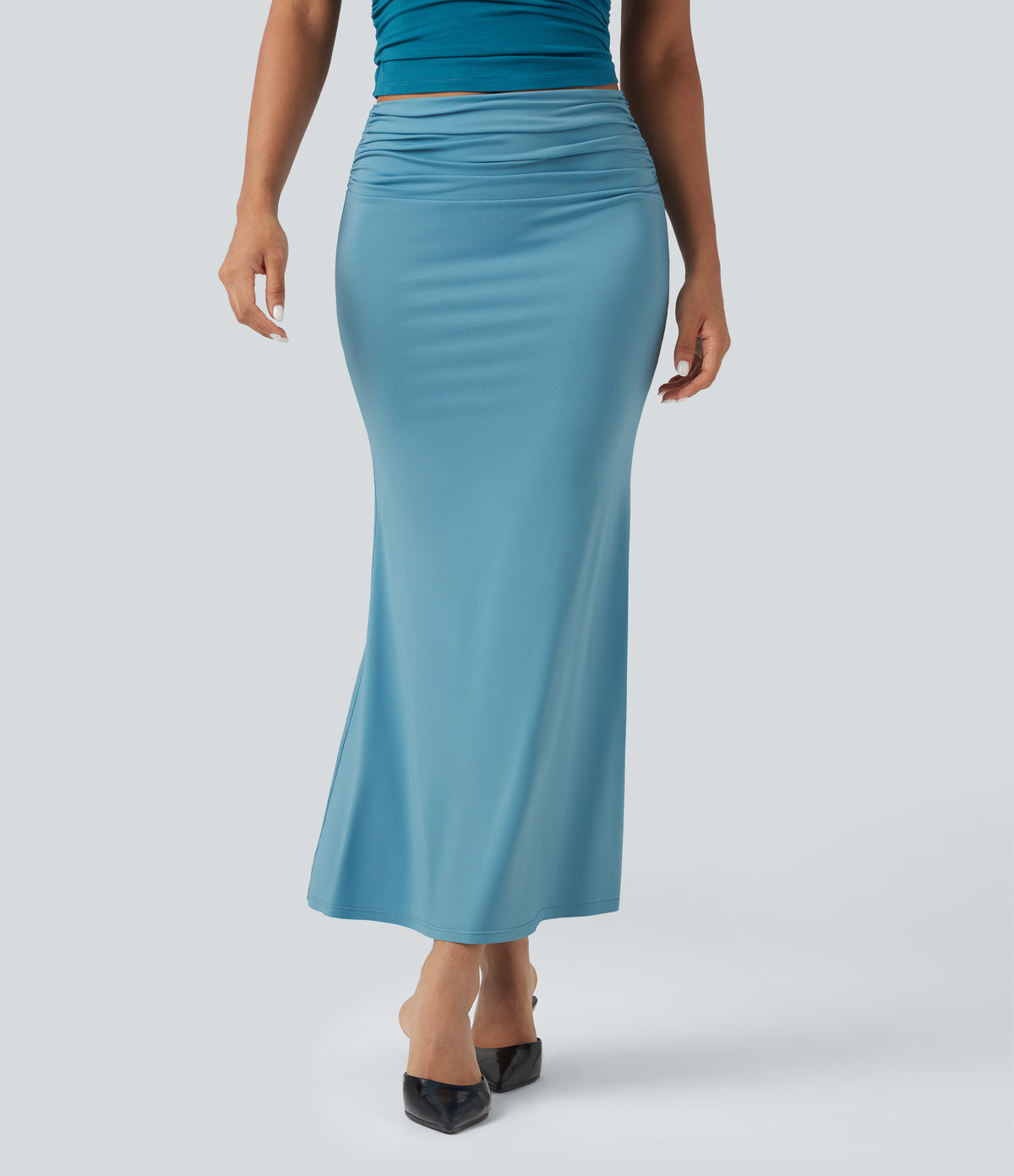 Mid Rise Ruched Midi Mermaid Skirt