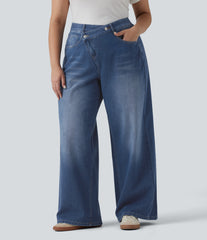 Halara Flex™ Asymmetric High Waisted Washed Casual Baggy Plus Size Jeans with Pockets