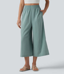 High Waisted Split Linen-Feel Casual Cropped Baggy Pants with Pockets