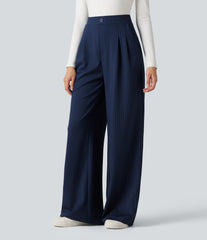 High Waisted Decorative Button Stripes Work Wide Leg Pants with Pockets