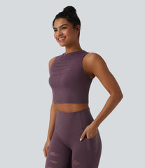 SoftlyZero™ Round Neck Ripped Contrast Lace Cropped Yoga Tank Top-UPF50+