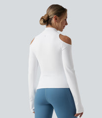SoftlyZero™ Airy Mock Neck Cut Out Long Sleeve Thumb Hole InstantCool Yoga Sports Top-UPF50+