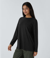 Round Neck Long Sleeve Pocket Hem Relax Casual Top