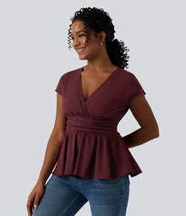 V Neck Cap Sleeve Ruffle Hem Casual Linen-Feel Top