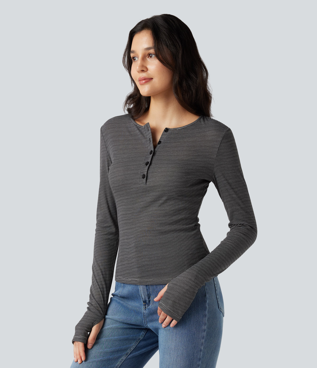 Henley Long Sleeve Thumb Holes Striped Casual T-Shirt