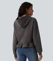 Hooded Drawstring Long Sleeve Ruffle Hem Casual Cotton Sweatshirt