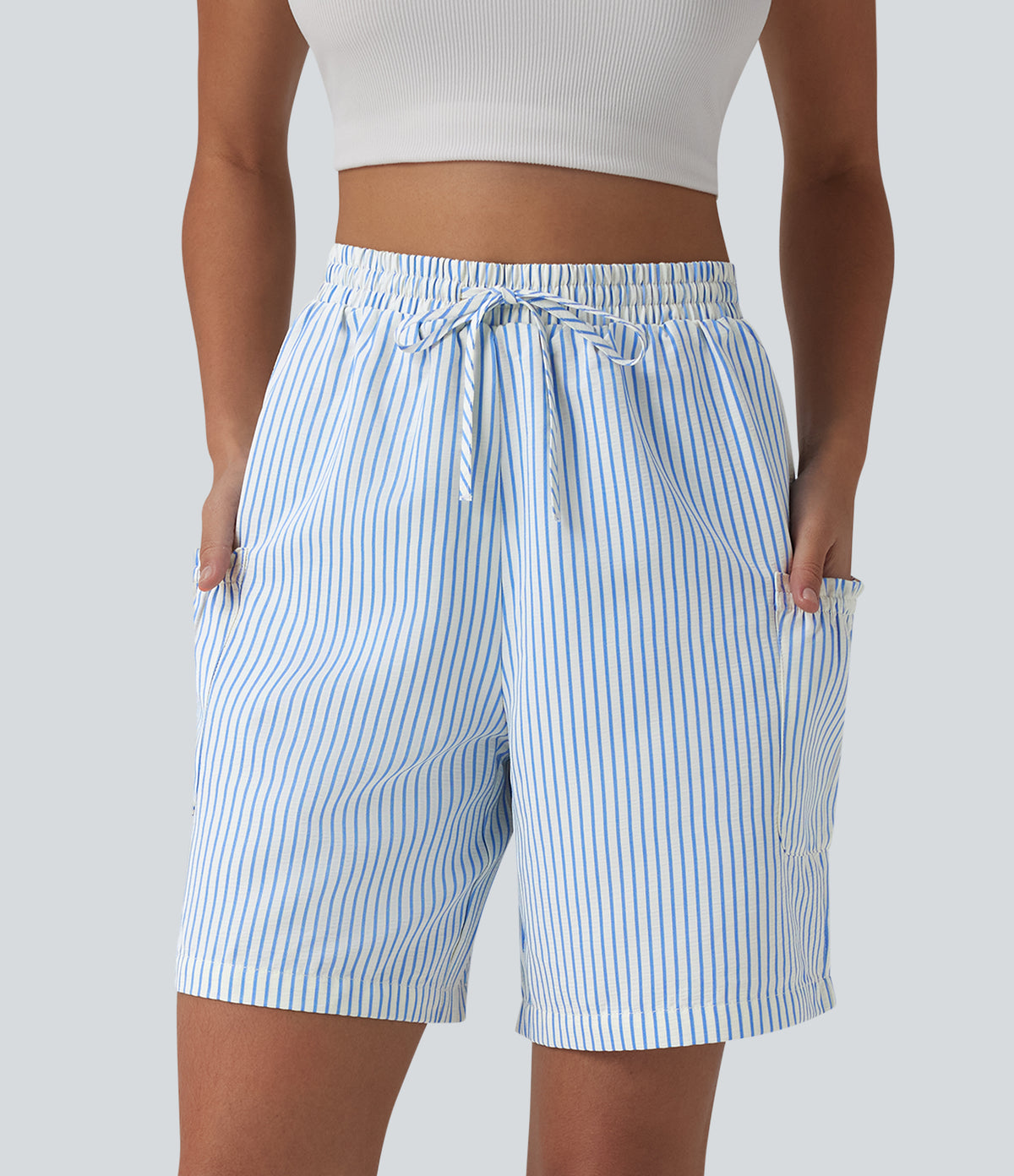 High Waisted Drawstring Stripes Resort Baggy Bermuda Shorts with Pockets
