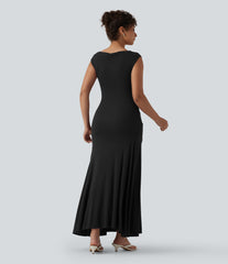 Ribbed Cowl Neck Sleeveless Maxi Casual Dress