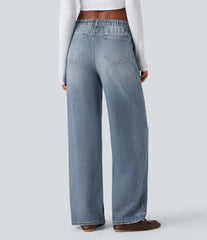 Mid Rise Denim Print French Terry Casual Sweatpants Jeans with Pockets