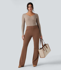 Ribbed Knit Sweetheart Neck Long Sleeve Work Sweater