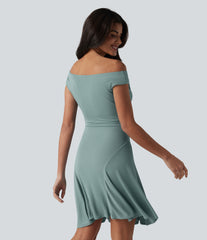 Ribbed Off Shoulder Non-Removable Pad Mini Casual Dress