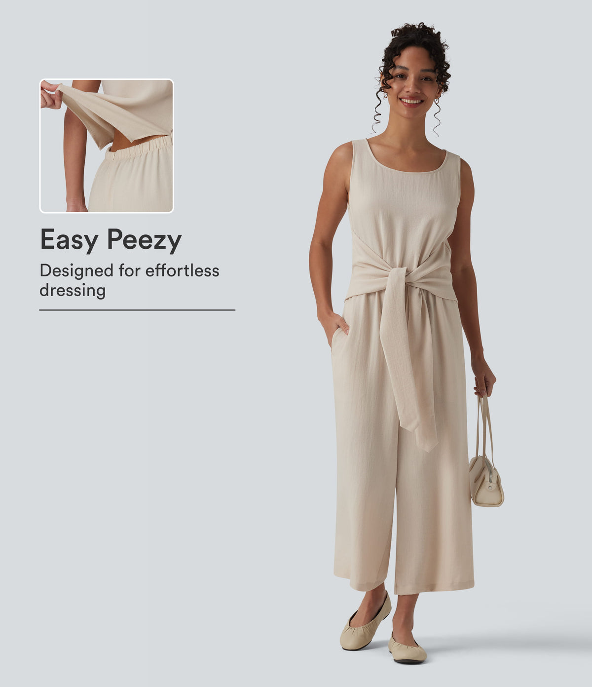 Scoop Neck Sleeveless Tie-front Casual Linen-Feel Jumpsuit with Pockets-Easy Peezy