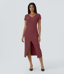Ribbed Knit V Neck Midi Chill Dress