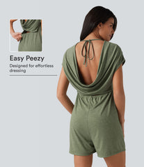 Cowl-back V-neck Cap Sleeve Heathered Casual Romper with Pockets-Easy Peezy