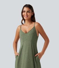 V Neck Split Hem Maxi Casual Slip Dress with Pockets