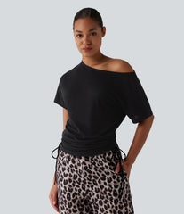 One Shoulder Short Sleeve Drawstring Casual Wool-Blend T-Shirt