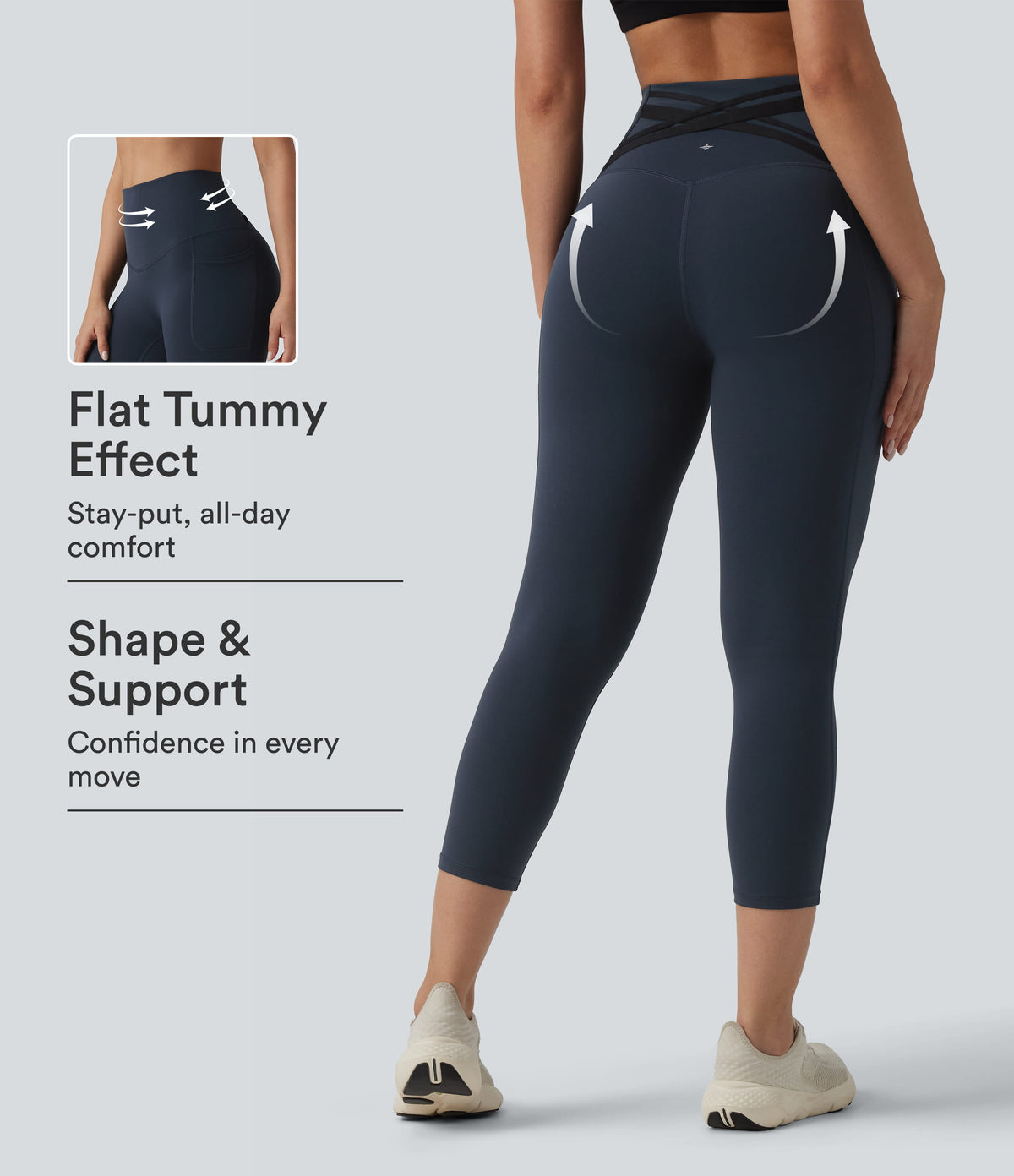 Halara Ultrasculpt™ High Waisted Tummy Control Crossover Back Capri Running Leggings with Pockets