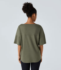 V Neck Dropped Shoulder Curved Hem Relaxed Waffle Casual T-Shirt