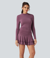 Mock-neck Long Sleeve Ruched Ruffle Tiered Hem Mini Casual Dress