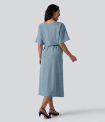 Wrinkle-Resistant Boat Neck Short Sleeve Midi Work Dress