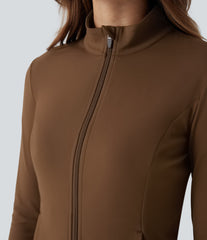 DayStretch Stand Collar Zipper Thumb Hole Ruffle Hem Slim Jacket with Pockets