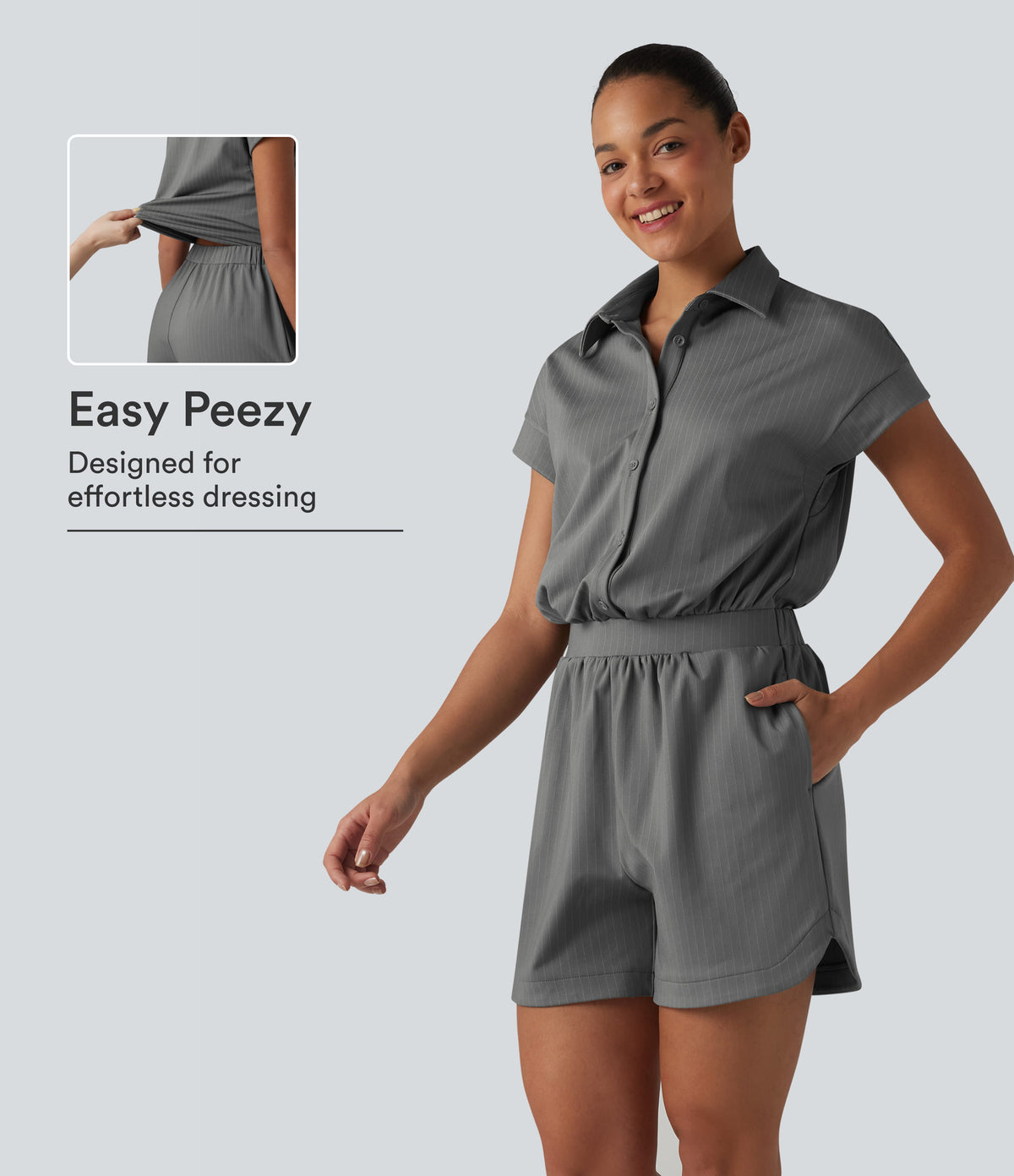 Short Sleeve Stripe Casual Shirt Romper with Pockets-Easy Peezy Edition