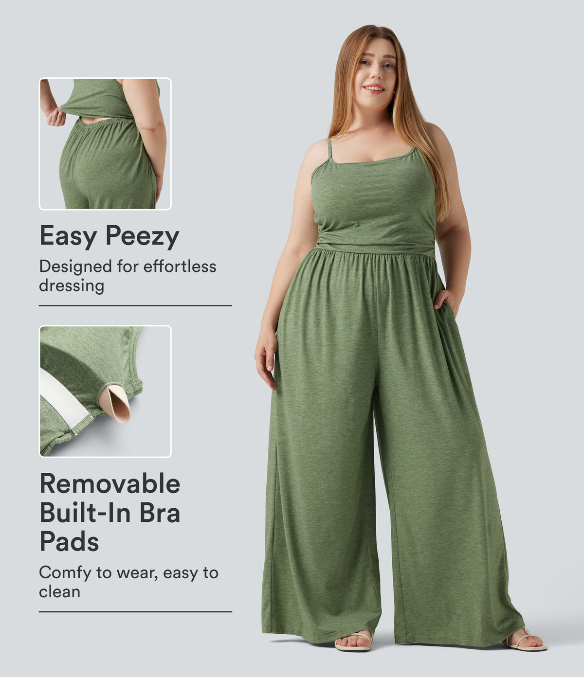 Plus Size Built-in Bra Ruched Wide Leg Heathered Casual Jumpsuit with Pockets-Easy Peezy Edition