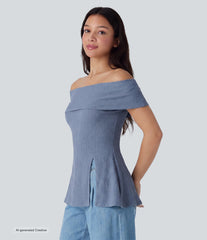 Off Shoulder Short Sleeve Split Hem Casual Top