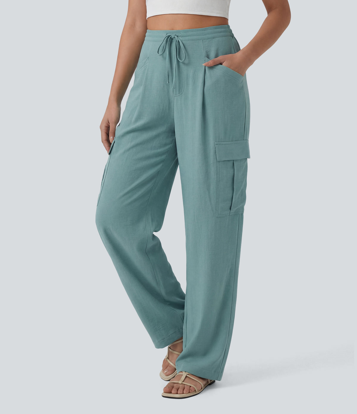 Mid Rise Drawstring Straight Leg Casual Linen-Feel Cargo Pants with Pockets