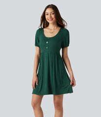 Scoop Neck Short Sleeve Tie Back Mini Casual Dress with Pockets